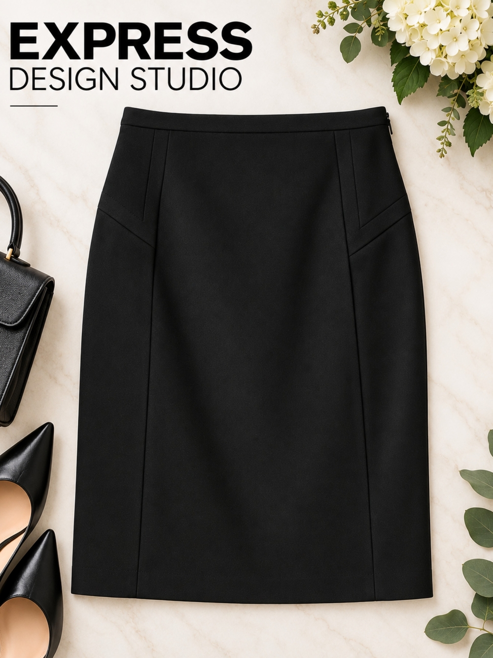 Express Design Studio Minimalist Classic Black Pencil Skirt, Size 4